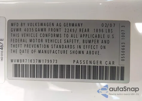 2007 Volkswagen Rabbit 2-Door из США, поврежденный, VIN WVWBR71K37W179973